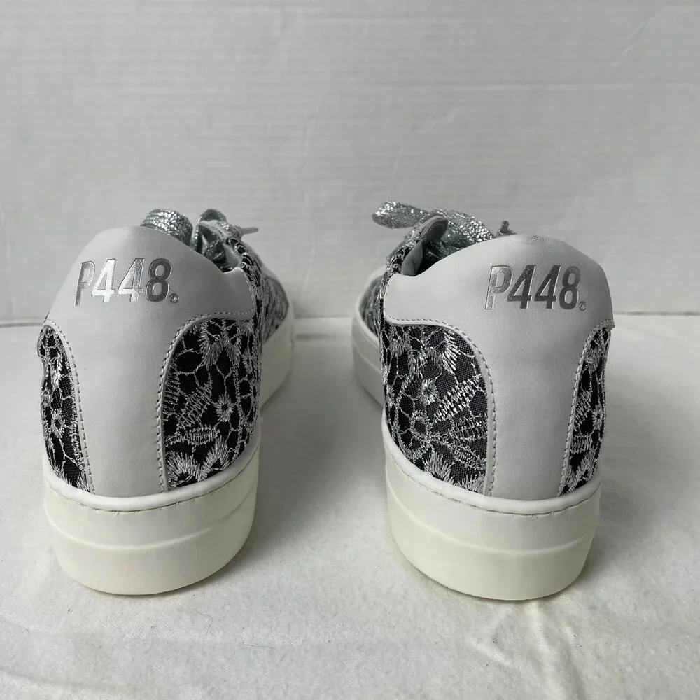 P448 Thea White/Black/Silver Embroidered Flower Low Top Sneakers - Picture 5 of 9